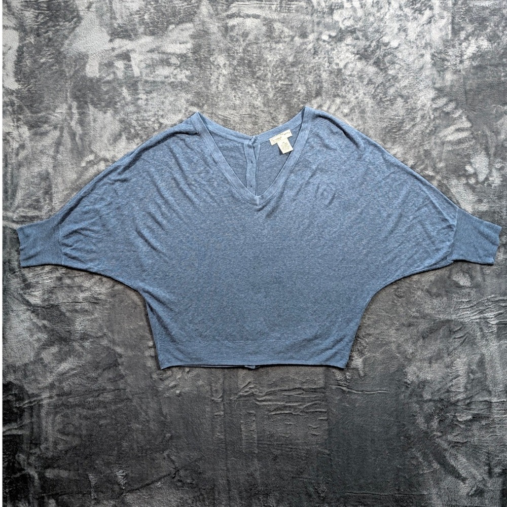 Topin Women Blue Linen Blend Batwing Sleeve V-Neck Button Back Sweater XS